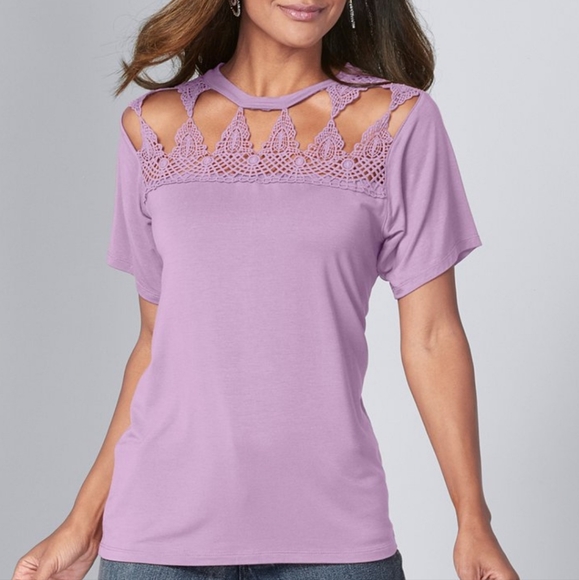 NWOT Venus Lilac crochet trim cutout tee - Picture 2 of 5